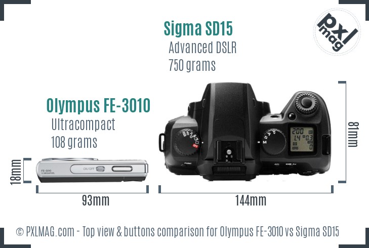 Olympus FE-3010 vs Sigma SD15 top view buttons comparison