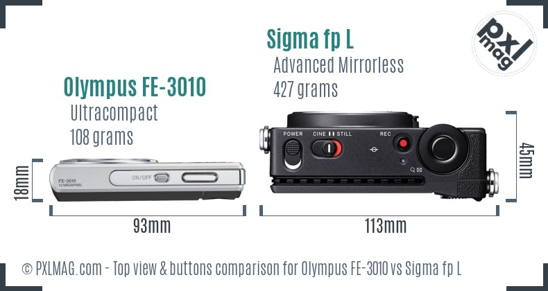 Olympus FE-3010 vs Sigma fp L top view buttons comparison