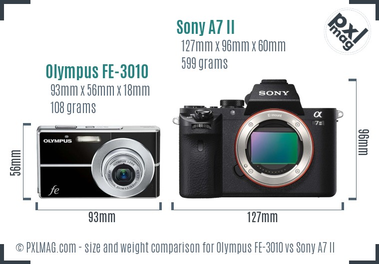 Olympus FE-3010 vs Sony A7 II size comparison