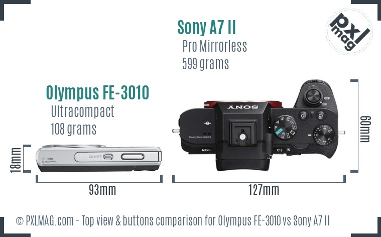 Olympus FE-3010 vs Sony A7 II top view buttons comparison