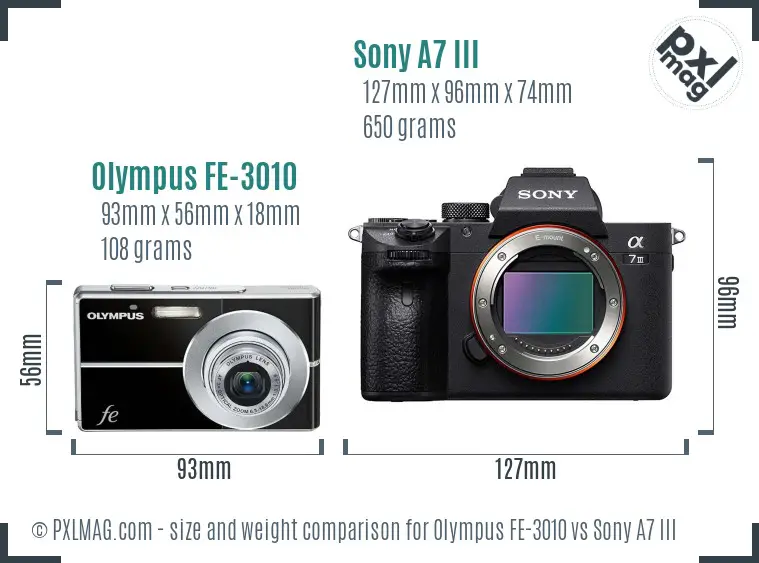 Olympus FE-3010 vs Sony A7 III size comparison