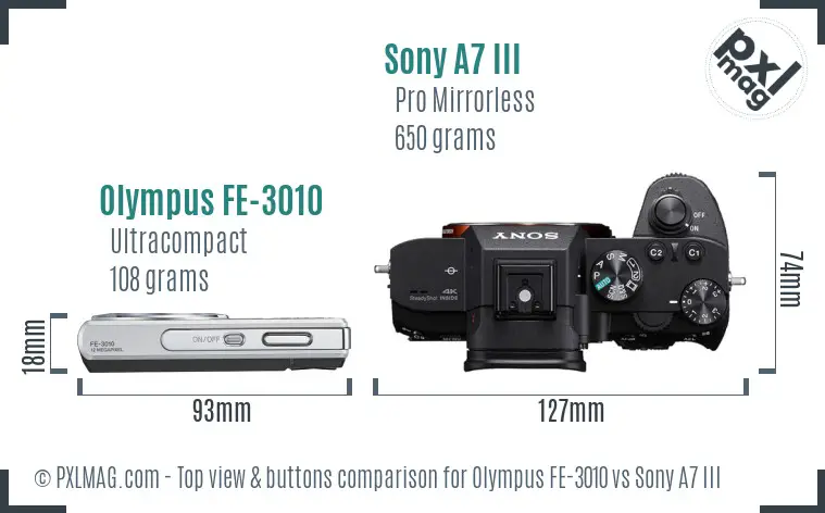 Olympus FE-3010 vs Sony A7 III top view buttons comparison