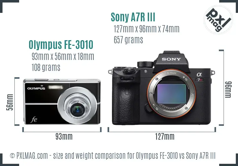 Olympus FE-3010 vs Sony A7R III size comparison