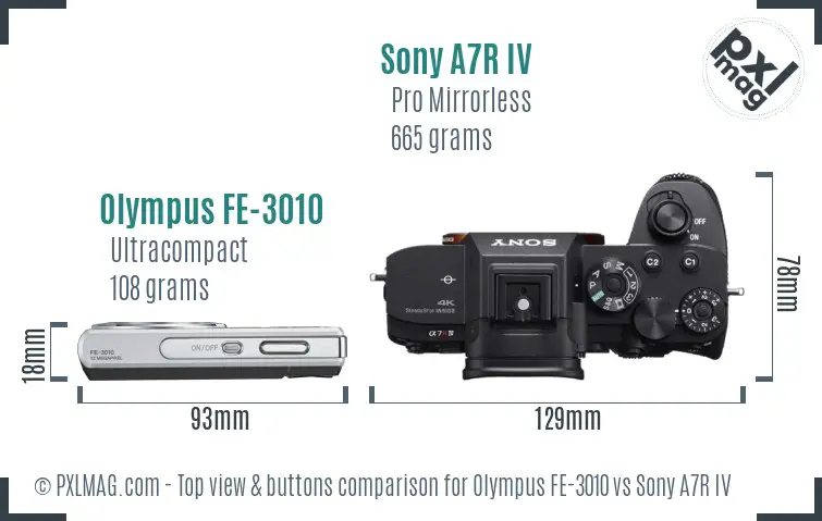 Olympus FE-3010 vs Sony A7R IV top view buttons comparison