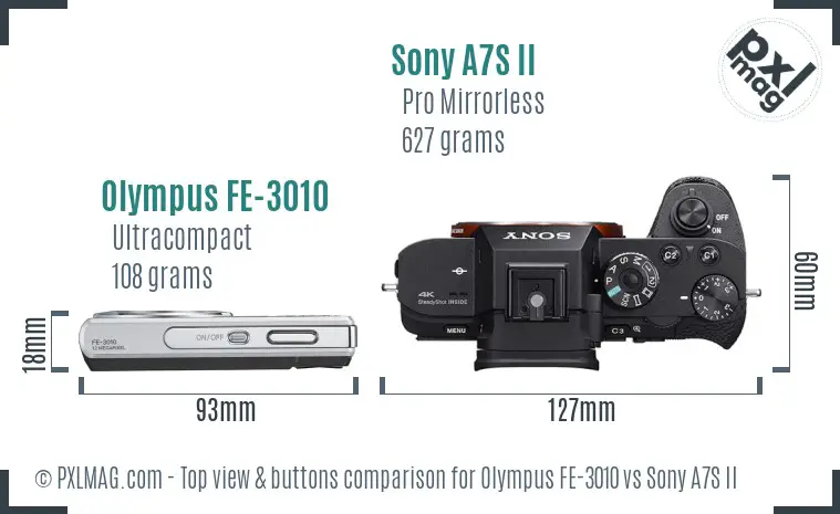 Olympus FE-3010 vs Sony A7S II top view buttons comparison