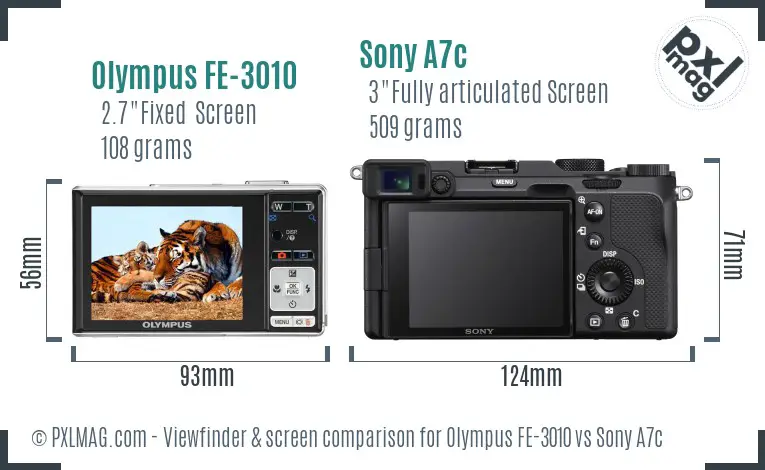 Olympus FE-3010 vs Sony A7c Screen and Viewfinder comparison