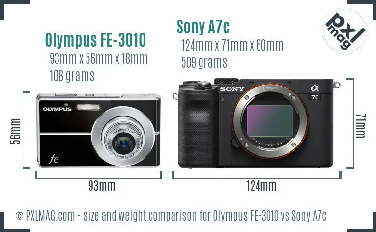 Olympus FE-3010 vs Sony A7c size comparison