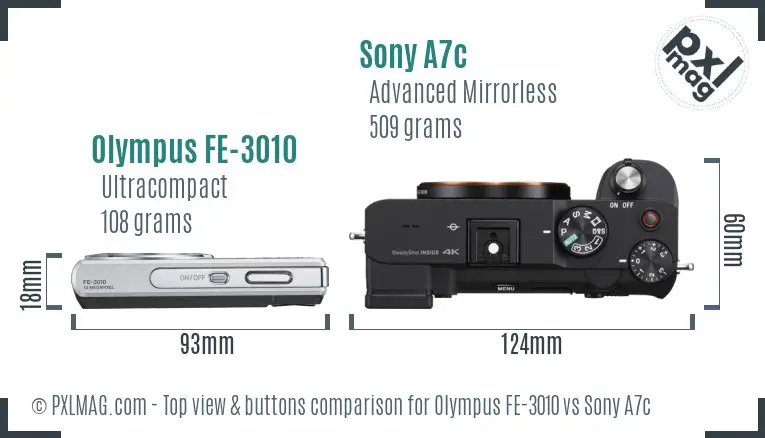 Olympus FE-3010 vs Sony A7c top view buttons comparison