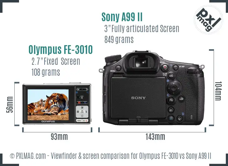 Olympus FE-3010 vs Sony A99 II Screen and Viewfinder comparison
