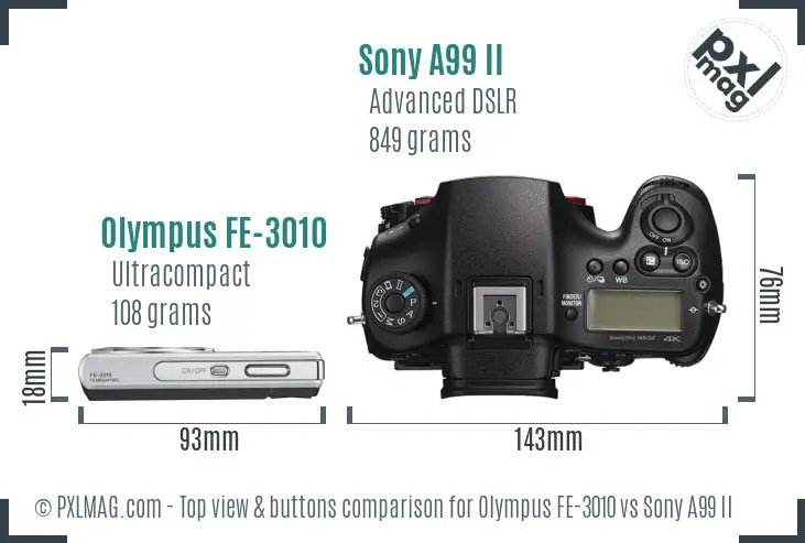 Olympus FE-3010 vs Sony A99 II top view buttons comparison