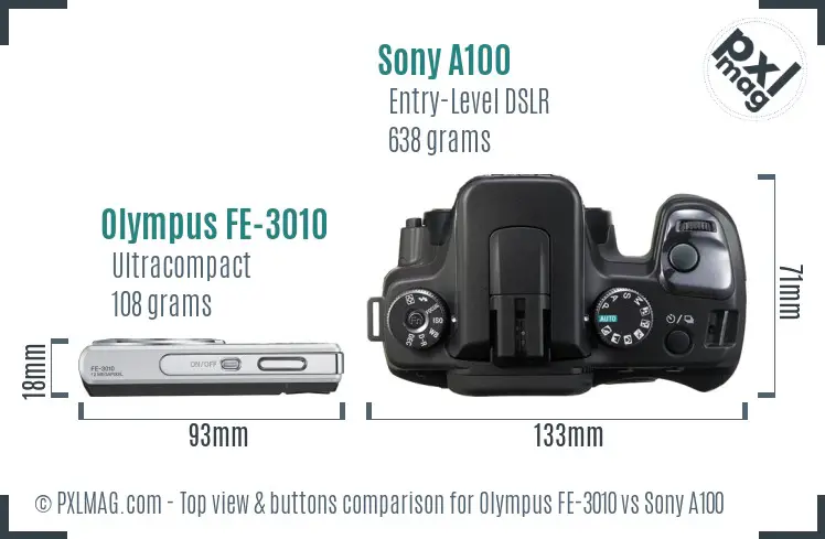 Olympus FE-3010 vs Sony A100 top view buttons comparison