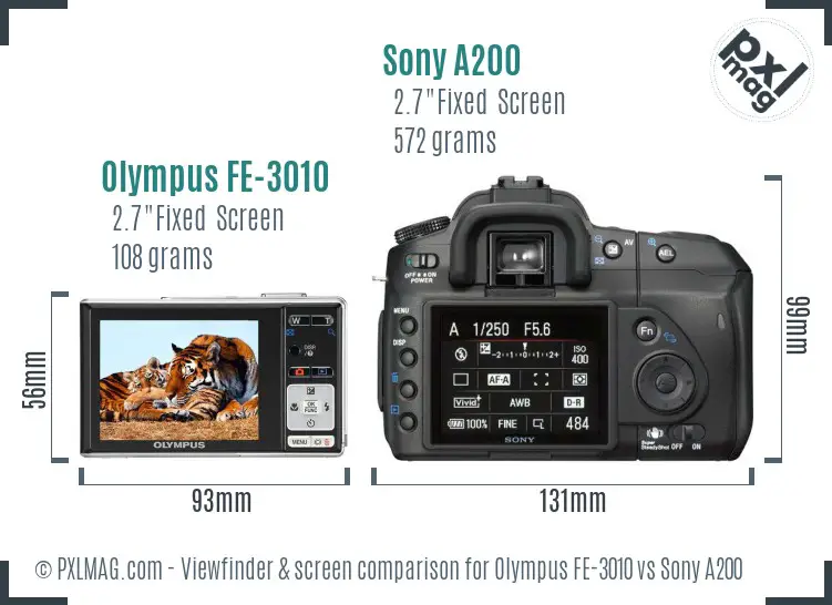 Olympus FE-3010 vs Sony A200 Screen and Viewfinder comparison