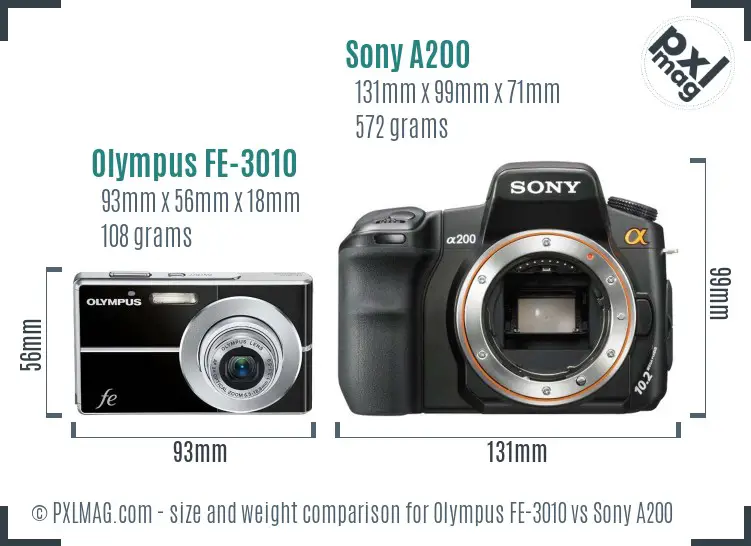Olympus FE-3010 vs Sony A200 size comparison
