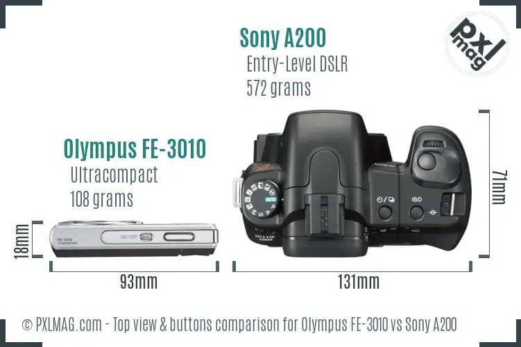Olympus FE-3010 vs Sony A200 top view buttons comparison