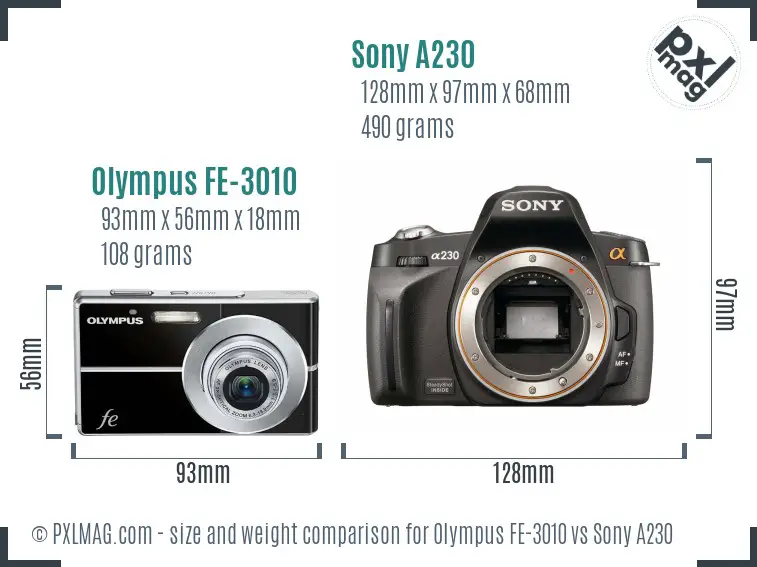Olympus FE-3010 vs Sony A230 size comparison