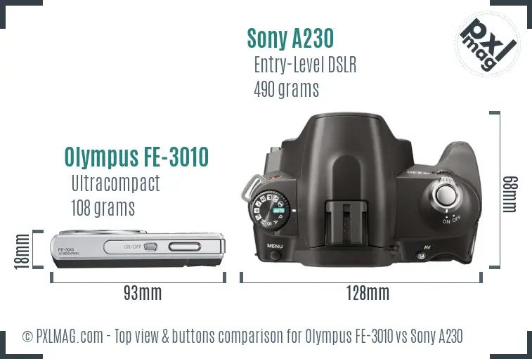 Olympus FE-3010 vs Sony A230 top view buttons comparison