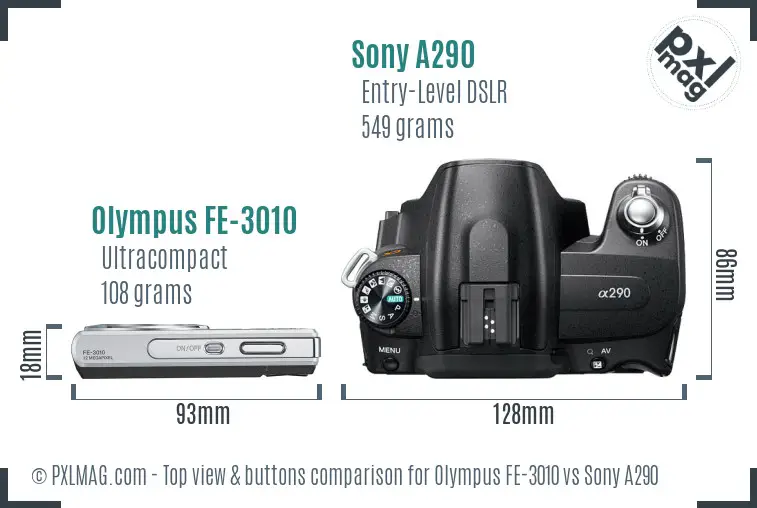 Olympus FE-3010 vs Sony A290 top view buttons comparison