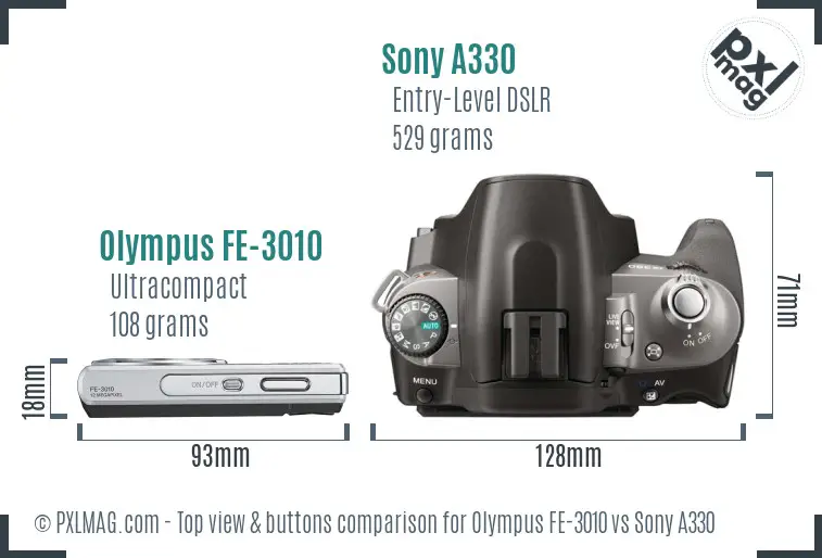 Olympus FE-3010 vs Sony A330 top view buttons comparison