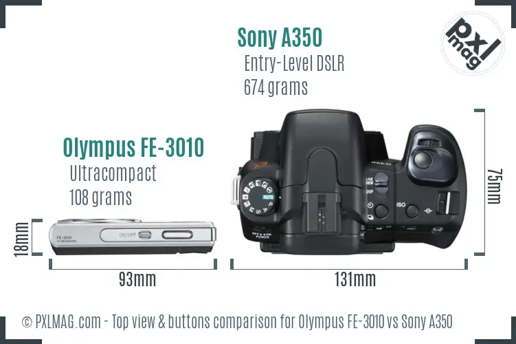 Olympus FE-3010 vs Sony A350 top view buttons comparison