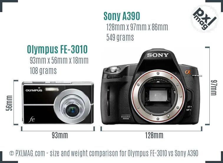 Olympus FE-3010 vs Sony A390 size comparison