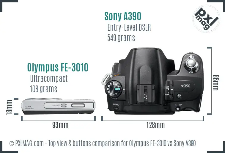 Olympus FE-3010 vs Sony A390 top view buttons comparison