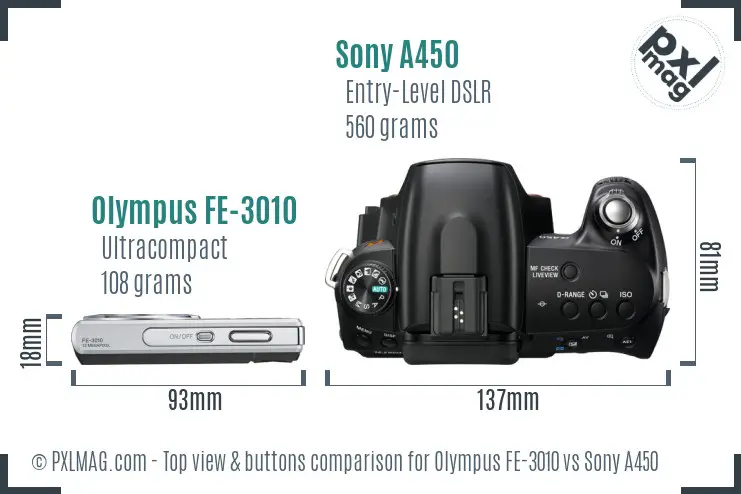 Olympus FE-3010 vs Sony A450 top view buttons comparison