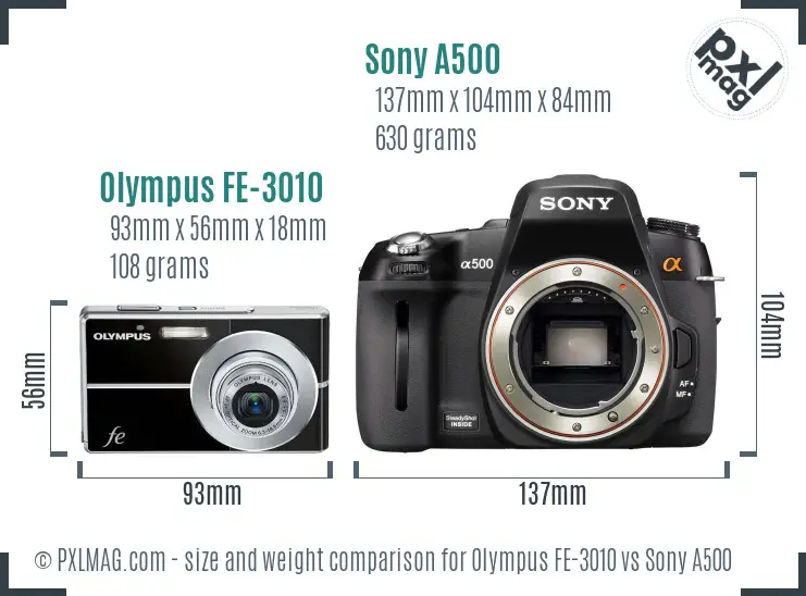 Olympus FE-3010 vs Sony A500 size comparison