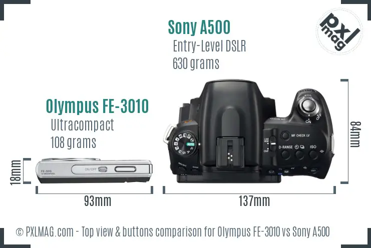 Olympus FE-3010 vs Sony A500 top view buttons comparison