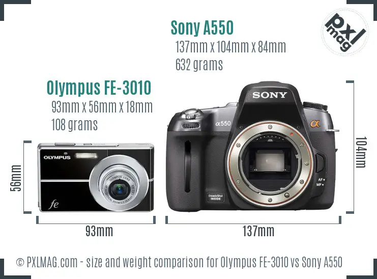 Olympus FE-3010 vs Sony A550 size comparison