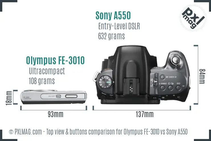 Olympus FE-3010 vs Sony A550 top view buttons comparison