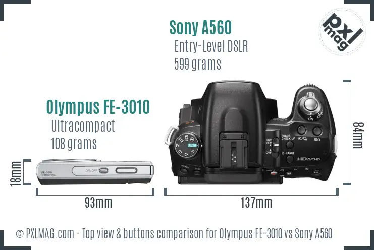 Olympus FE-3010 vs Sony A560 top view buttons comparison
