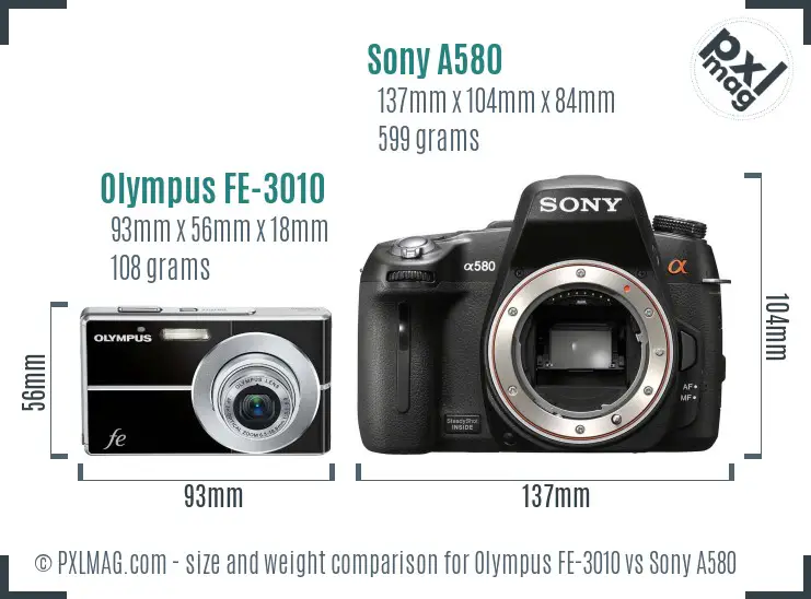 Olympus FE-3010 vs Sony A580 size comparison