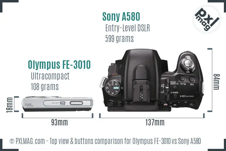 Olympus FE-3010 vs Sony A580 top view buttons comparison