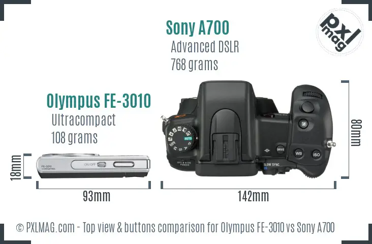 Olympus FE-3010 vs Sony A700 top view buttons comparison