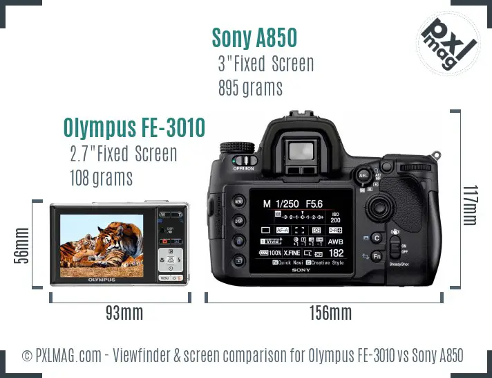 Olympus FE-3010 vs Sony A850 Screen and Viewfinder comparison