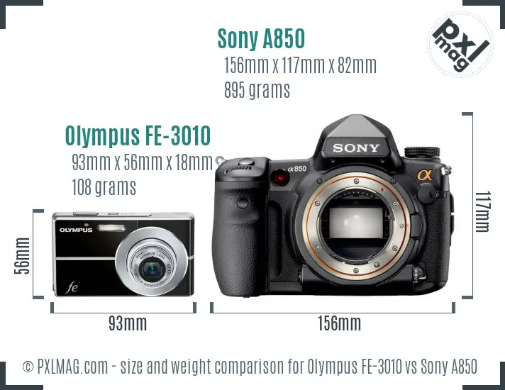 Olympus FE-3010 vs Sony A850 size comparison