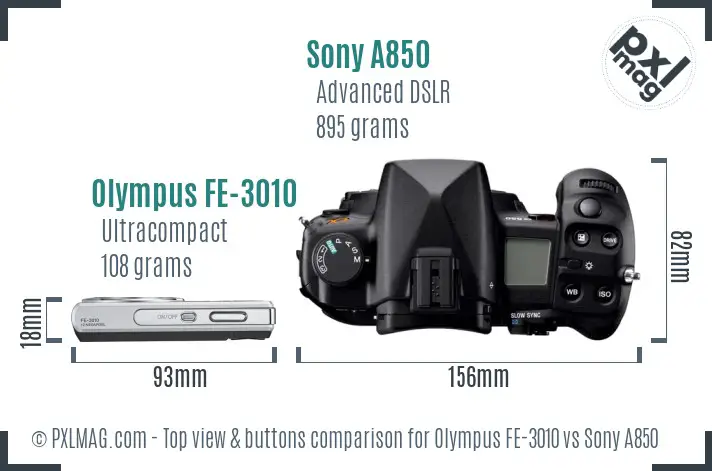 Olympus FE-3010 vs Sony A850 top view buttons comparison