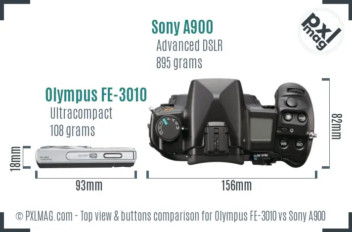 Olympus FE-3010 vs Sony A900 top view buttons comparison