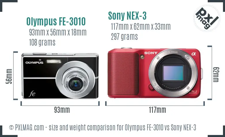 Olympus FE-3010 vs Sony NEX-3 size comparison