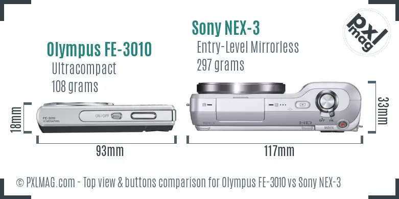 Olympus FE-3010 vs Sony NEX-3 top view buttons comparison