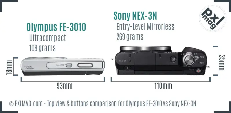 Olympus FE-3010 vs Sony NEX-3N top view buttons comparison