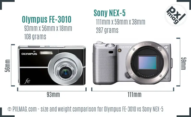 Olympus FE-3010 vs Sony NEX-5 size comparison