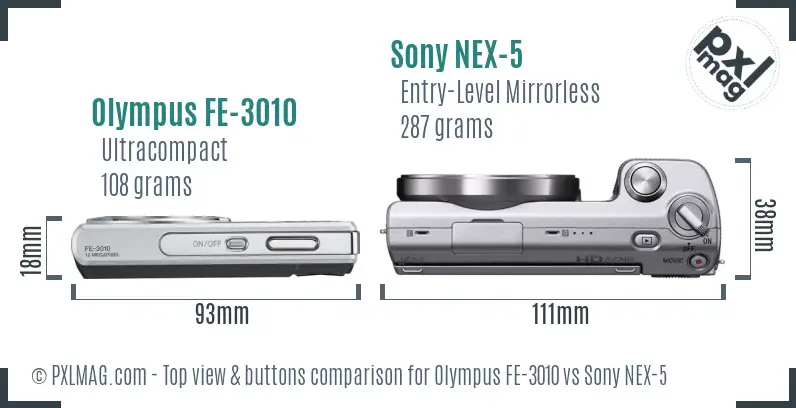 Olympus FE-3010 vs Sony NEX-5 top view buttons comparison