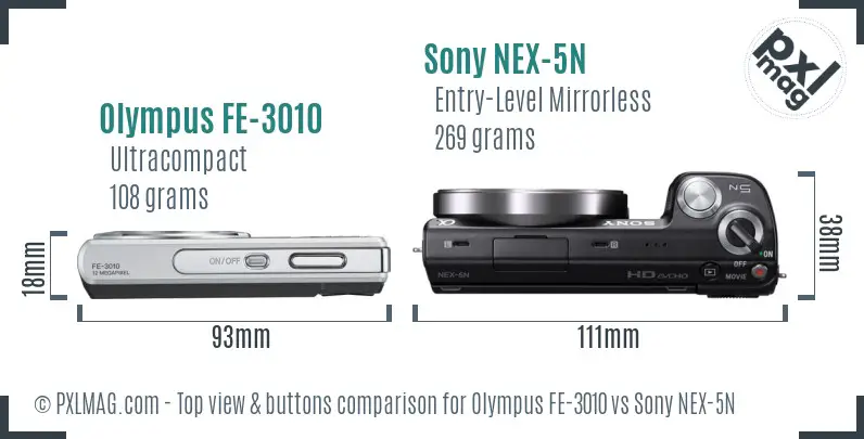Olympus FE-3010 vs Sony NEX-5N top view buttons comparison