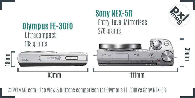 Olympus FE-3010 vs Sony NEX-5R top view buttons comparison