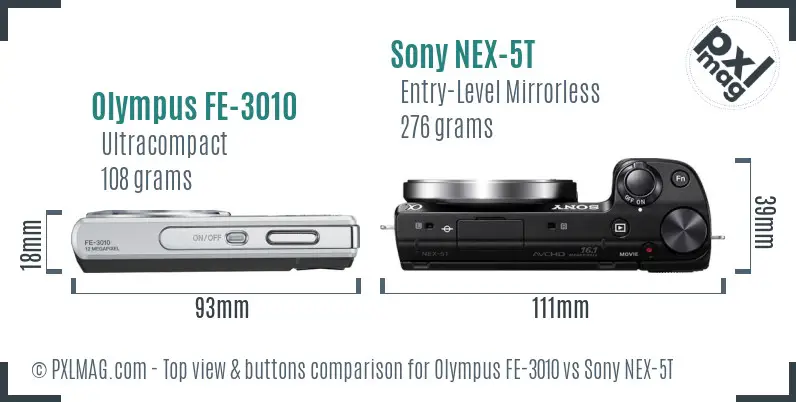 Olympus FE-3010 vs Sony NEX-5T top view buttons comparison