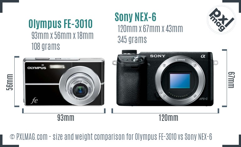 Olympus FE-3010 vs Sony NEX-6 size comparison