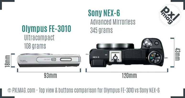 Olympus FE-3010 vs Sony NEX-6 top view buttons comparison
