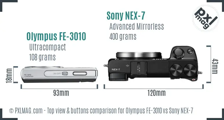 Olympus FE-3010 vs Sony NEX-7 top view buttons comparison