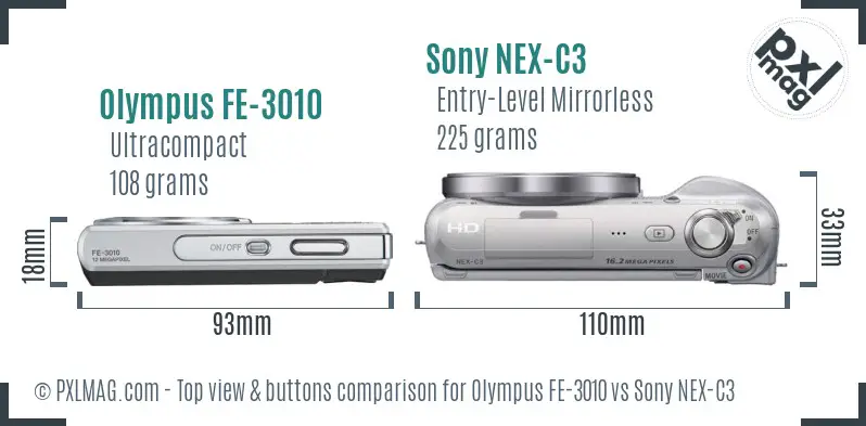 Olympus FE-3010 vs Sony NEX-C3 top view buttons comparison
